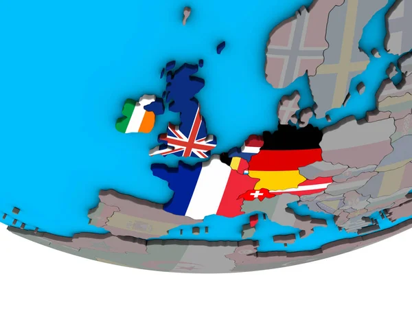 Europa Ocidental Com Bandeiras Nacionais Incorporadas Mundo Político Simples Ilustração — Fotografia de Stock