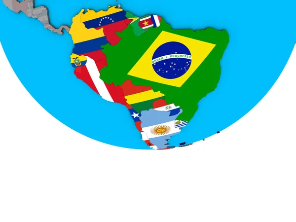 América Sul Com Bandeiras Nacionais Incorporadas Simples Globo Político Ilustração — Fotografia de Stock