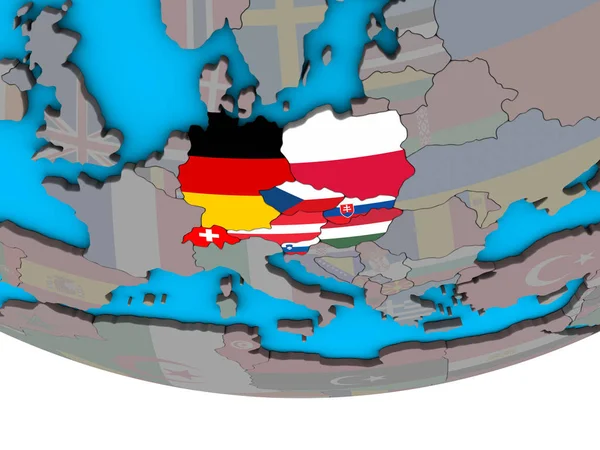 Центральная Европа Встроенными Национальными Флагами Простом Политическом Глобусе Иллюстрация — стоковое фото