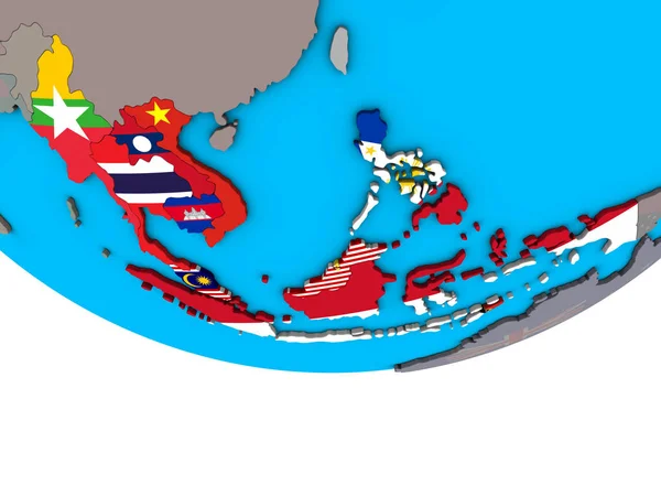 Νοτιοανατολική Ασία Ενσωματωμένο Εθνικές Σημαίες Απλό Πολιτικό Τρισδιάστατη Υδρόγειο Απεικόνιση — Φωτογραφία Αρχείου