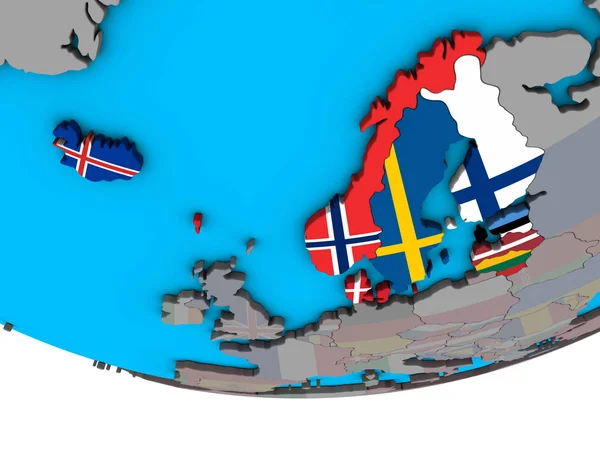 Norra Europa Med Inbäddade Nationsflaggor Enkla Politiska Klot Illustration — Stockfoto