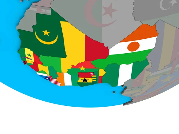 Africa Occidentale Con Bandiere Nazionali Incorporate Semplice Globo Politico Illustrazione — Foto Stock