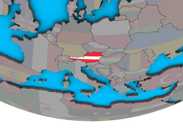 Avusturya ile basit siyasi 3d dünya üzerinde katıştırılmış ulusal bayrak. 3D çizim.