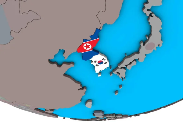 Kore Basit Siyasi Dünya Üzerinde Katıştırılmış Ülke Bayrakları Ile Çizim — Stok fotoğraf