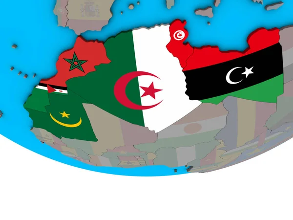 Regione Del Maghreb Con Bandiere Nazionali Incorporate Semplice Globo Politico — Foto Stock