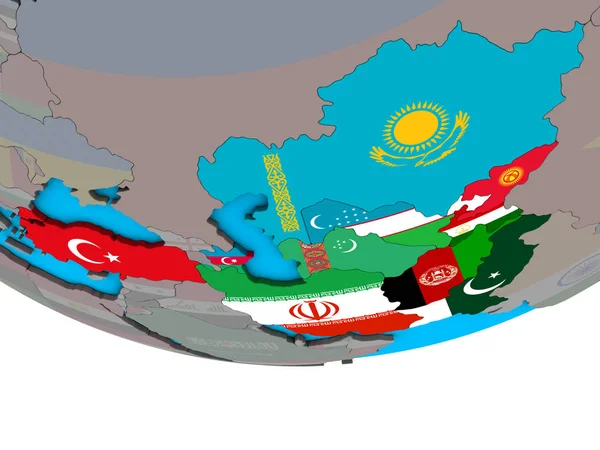 Öko Mitgliedsstaaten Mit Eingebetteten Nationalflaggen Auf Einem Simplen Politischen Globus — Stockfoto