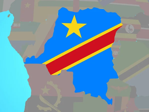 刚果的 Dem Rep 与国旗在蓝色政治地球 — 图库照片
