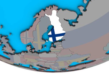 Finlandiya ile basit siyasi 3d dünya üzerinde katıştırılmış ulusal bayrak. 3D çizim.
