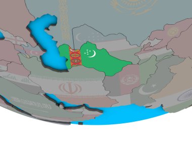 Türkmenistan ile basit siyasi 3d dünya üzerinde katıştırılmış ulusal bayrak. 3D çizim.