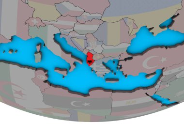 Arnavutluk ile basit siyasi 3d dünya üzerinde katıştırılmış ulusal bayrak. 3D çizim.