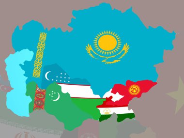 Mavi siyasi dünya Ulusal bayrakları ile Orta Asya. 3D çizim.