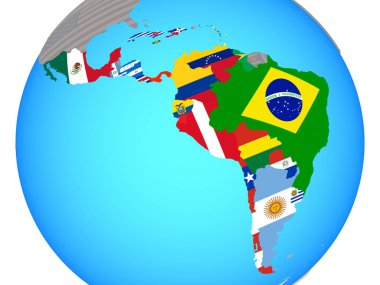 Mavi siyasi dünya Ulusal bayrakları ile Latin Amerika. 3D çizim.