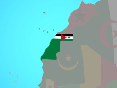Batı Sahra mavi siyasi dünya üzerinde ulusal bayrak ile. 3D çizim.