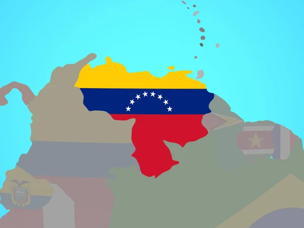 委内瑞拉在蓝色政治地球上挂着国旗 — 图库照片