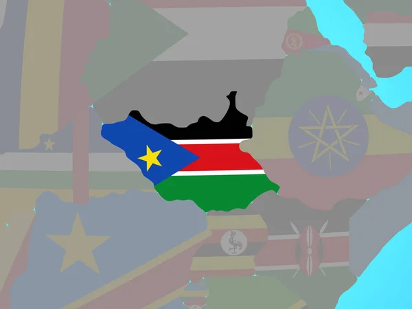 Sudan Del Sud Con Bandiera Nazionale Sul Globo Politico Blu — Foto Stock