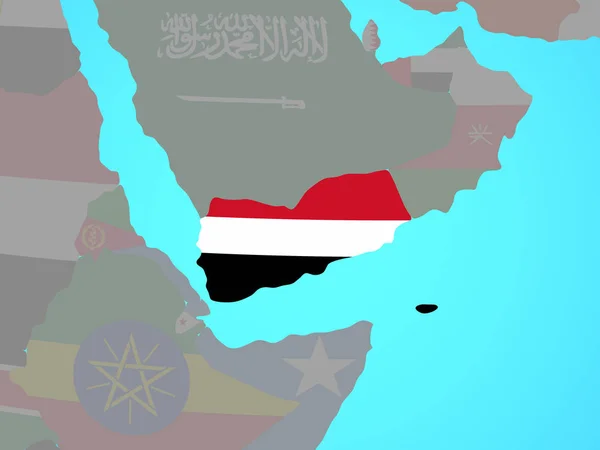 Jemen Nemzeti Zászló Kék Politikai Földgömb Illusztráció — Stock Fotó