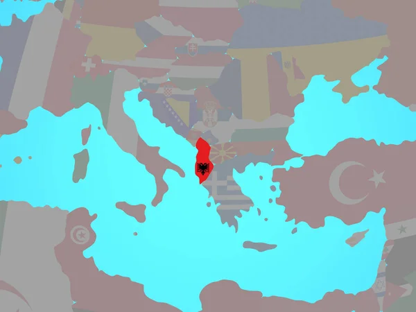 阿尔巴尼亚与国旗在蓝色政治地球 — 图库照片