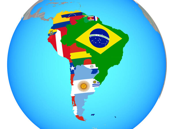 South America with national flags on blue political globe. 3D illustration.