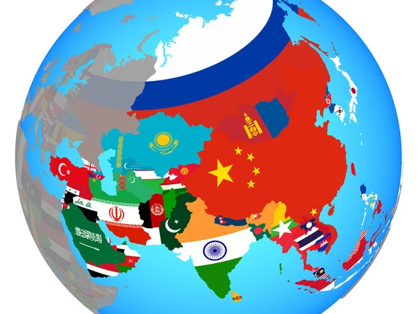 Asia Con Bandiere Nazionali Sul Globo Politico Blu Illustrazione — Foto Stock