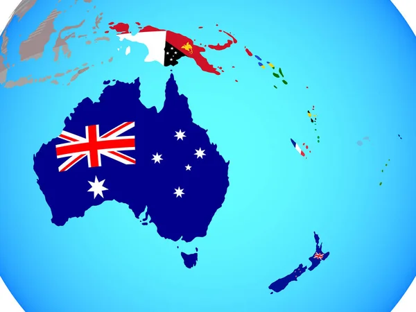 Australia Con Banderas Nacionales Globo Político Azul Ilustración —  Fotos de Stock