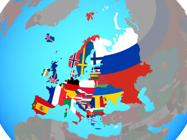 Европа с национальными флагами на голубом политическом глобусе. 3D иллюстрация
.