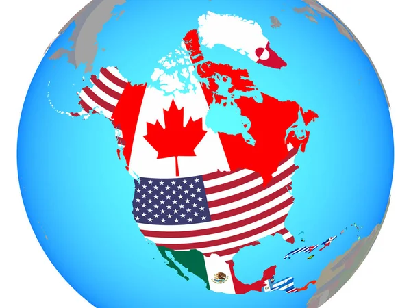 北美与国旗在蓝色政治地球 — 图库照片