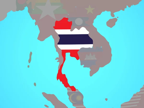 Thailand Mit Nationalflagge Auf Blauem Politischen Globus Illustration — Stockfoto