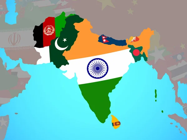 Южная Азия Национальными Флагами Голубом Политическом Глобусе Иллюстрация — стоковое фото