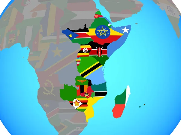 Africa Orientale Con Bandiere Nazionali Sul Globo Politico Blu Illustrazione — Foto Stock