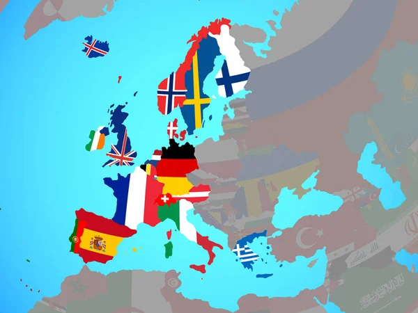 Western Europe with national flags on blue political globe. 3D illustration.