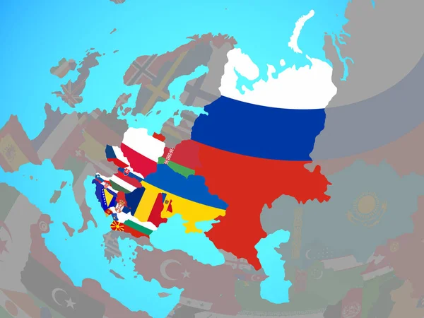 东欧与国旗在蓝色政治地球 — 图库照片