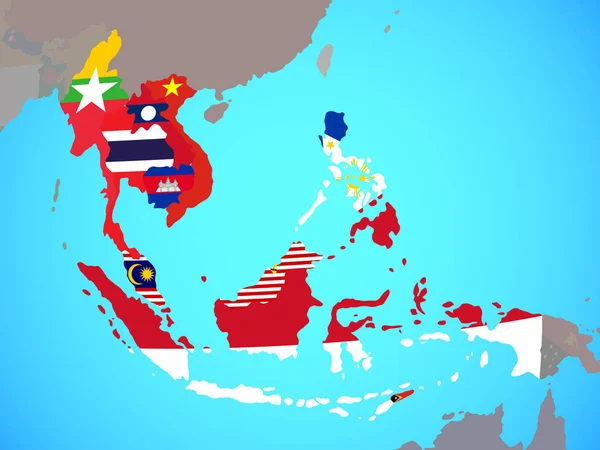 Zuidoost Azië Met Nationale Vlaggen Blauwe Politieke Wereldbol Illustratie — Stockfoto