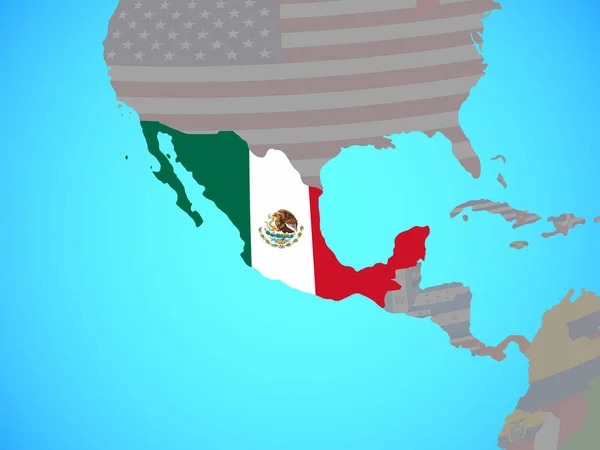 Mexico with national flag on blue political globe. 3D illustration.