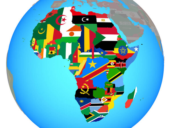 Africa with national flags on blue political globe. 3D illustration.