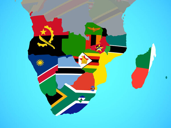 Southern Africa with national flags on blue political globe. 3D illustration.