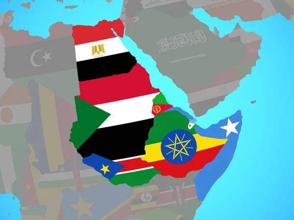 Africa Nordorientale Con Bandiere Nazionali Sul Globo Politico Blu Illustrazione — Foto Stock
