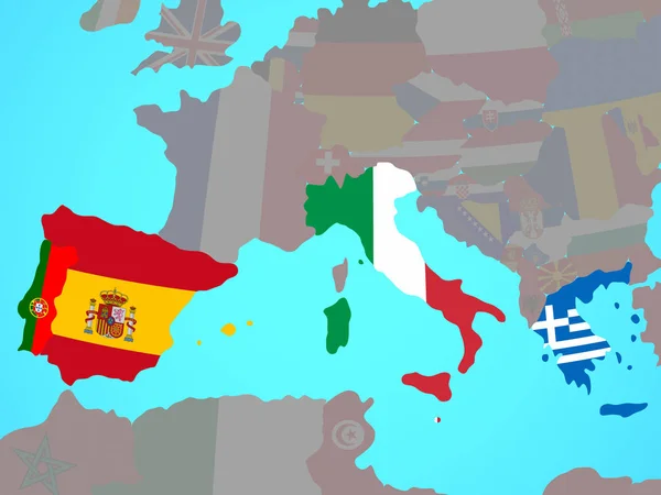 Europie Południowej Flagi Narodowe Niebieski Globus Polityczny Ilustracja — Zdjęcie stockowe