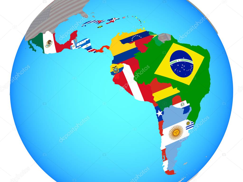 Latin America with national flags on blue political globe. 3D illustration.