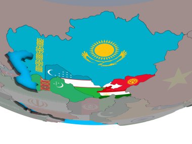 Basit siyasi 3d dünya üzerinde katıştırılmış ülke bayrakları ile Orta Asya. 3D çizim.