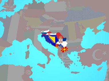 Mavi siyasi dünya Ulusal bayrakları ile eski Yugoslavya. 3D çizim.