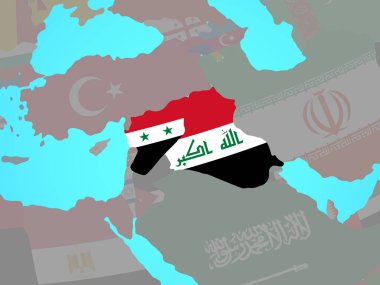 Mavi siyasi dünya Ulusal bayrakları ile İslam devleti. 3D çizim.