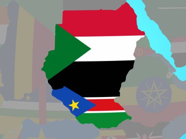 Eski Sudan mavi siyasi dünya Ulusal bayrakları ile. 3D çizim.
