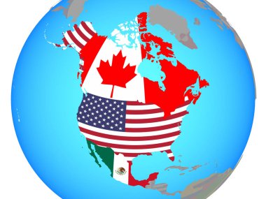 NAFTA ülkeleri mavi siyasi dünya Ulusal bayrakları ile. 3D çizim.