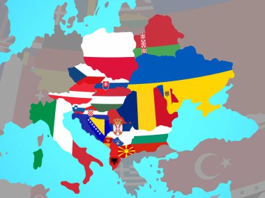 CEI ülkeler mavi siyasi dünya Ulusal bayrakları ile. 3D çizim.