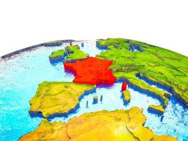 Fransa görünür ülkelerle 3d dünya ve mavi okyanus dalgaları ile. 3D çizim.