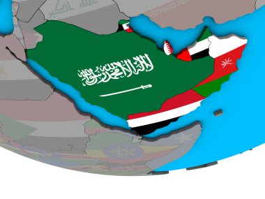 Arabistan basit siyasi 3d dünya üzerinde katıştırılmış ülke bayrakları ile. 3D çizim.