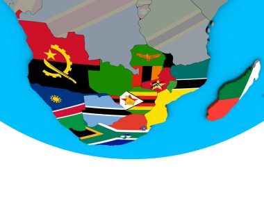 Basit siyasi 3d dünya üzerinde katıştırılmış ülke bayrakları ile Güney Afrika. 3D çizim.