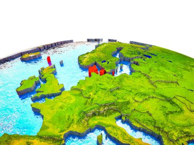 Danimarka görünür ülkelerle 3d dünya ve mavi okyanus dalgaları ile. 3D çizim.