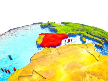 İspanya görünür ülkelerle 3d dünya ve mavi okyanus dalgaları ile. 3D çizim.
