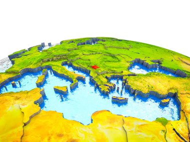 Kosova görünür ülkelerle 3d dünya ve mavi okyanus dalgaları ile. 3D çizim.